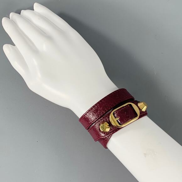 BALENCIAGA Burgundy Gold Studded Leather Bracelet - Picture 2 of 7